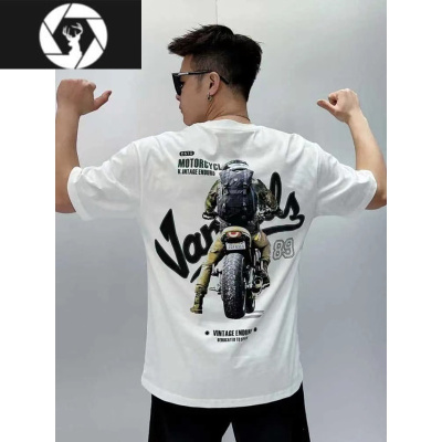 HongZun2022夏季新款t恤美式复古摩托机车图案印花短袖男ins潮牌宽松半袖