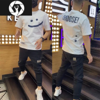 HongZun网红时尚笑脸半袖ins潮牌印花短袖t恤男夏季修身百搭上衣青年潮流