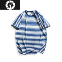 HongZun新疆棉蓝白条纹亲子装圆领短袖T恤儿童海魂衫男女半袖体恤潮