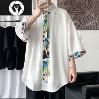 HongZun夏季薄款ins短袖冰丝衬衫男潮牌痞风日系学生领带宽松上衣服