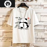 HongZun国潮熊猫亚麻t恤男夏季2023新款冰丝棉麻短袖薄款大码半截袖体恤