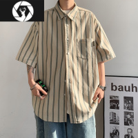 HongZun港风复古条纹短袖衬衫男夏季日系宽松休闲很仙的衬衣外套