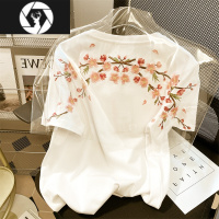 HongZun国潮风chic港味花朵刺绣短袖t恤男女夏季宽松别致重工vintage上衣