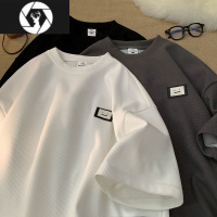 HongZun华夫格短袖t恤男夏季设计感贴标潮牌简约百搭小领口情侣上衣