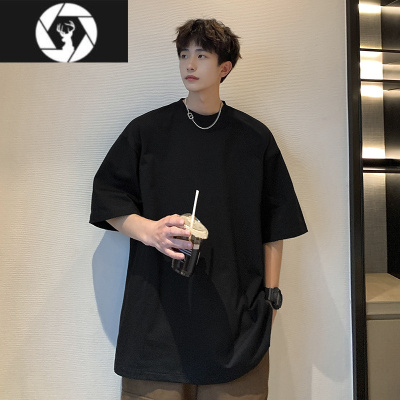 HongZun纯黑色400克T恤小领口cleanfit短袖男夏季oversize七分袖