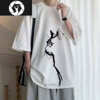 HongZun粉色素描小猫咪短袖t恤男款夏季情侣装半袖体恤