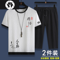 HongZun夏季休闲运动套装男士冰丝短袖t恤短裤一整套男生搭配亚麻两件套