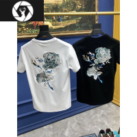 HongZun2023新款男士时尚百搭休闲T恤潮流个性轻奢刺绣玫瑰花韩版短袖帅