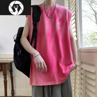 HongZun玫红色扎染渐变无袖t恤男高街美式工字背心夏季坎肩