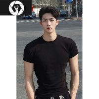 HongZun黑色修身紧袖口t恤男300g夏季显肌肉短袖小领口成熟稳重男装