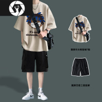 HongZun美式短袖t恤男士夏季潮牌男装搭配一套帅气夏天男生酷帅穿搭套装