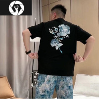 HongZun玫瑰花刺绣短袖T男夏季休闲潮流圆领上衣情侣潮牌宽松花卉半袖T恤