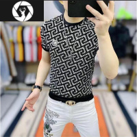 HongZun欧洲站2023夏季新款时尚千鸟格修身半袖冰丝潮流圆领短袖t恤男士