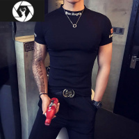 HongZun夏季男士短袖t恤刺绣简约潮流修身半高领打底衫纯色紧身半袖体恤