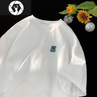 HongZun短袖t恤男夏季薄款oversize简约卡通贴标潮牌宽松百搭半截袖上衣