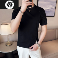 HongZun2023夏季新款开叉设计圆领短袖T恤男修身高级感痞帅五分半截袖t恤