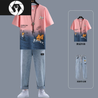 HongZun高中男孩短袖T恤青少年宽松潮流搭配套装初中生男装半袖体恤