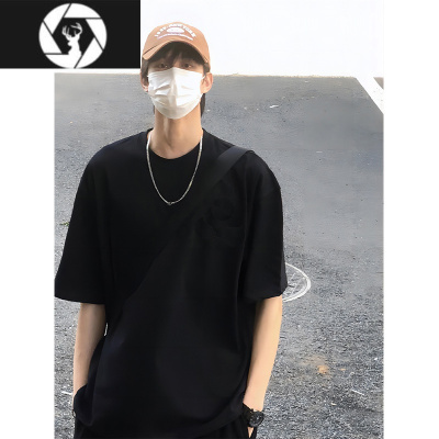 HongZun320g小领口t恤男夏季廓形三本针短袖大码纯黑色七分半袖