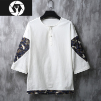 HongZun中国风复古盘扣亚麻短袖男刺绣t恤夏季茶禅唐装民族风国潮七分袖