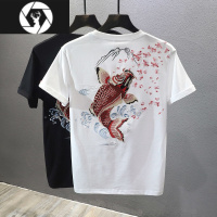 HongZun国潮新款夏季中国风刺绣锦鲤T恤短袖男青年重工时尚体恤ins潮