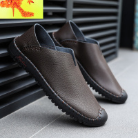 老人休闲皮鞋男秋款中老年男人软底防滑舒适可踩后跟懒人鞋豆豆鞋 简畅