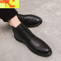 英伦韩版潮男士休闲高帮皮鞋花布洛克马丁靴子发型师尖头短皮靴 简畅