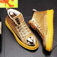 新款短靴金色男靴子时尚亮片潮男高帮板鞋牛仔靴内增高ins男靴子 简畅靴子 男