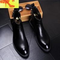 男士尖头马丁靴内增高拉链皮靴高帮休闲皮鞋保暖加毛短男靴子 简畅