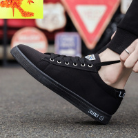 春天男装小黑鞋中学生韩式黑底平板鞋球鞋青少年全黑纯黑色帆布鞋 简畅