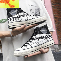 春季涂鸦高帮帆布鞋男韩版潮流百搭板鞋休闲鞋子男潮鞋高邦布鞋男 简畅