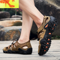 凉鞋男真皮透气男士2020夏季魔术贴头层牛皮户外休闲包头沙滩鞋男  简畅