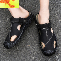 夏季凉鞋男防撞耐磨防滑软底缝线真皮休闲镂空透气沙滩鞋男  简畅