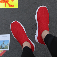 夏季男鞋透气懒人袜子鞋无鞋带网面运动休闲一脚蹬大红色网布鞋 简畅