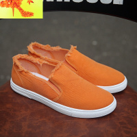 夏天男装桔色帆布鞋初中生韩式无鞋带休闲鞋一脚蹬懒人没鞋带板鞋  简畅