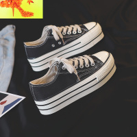 鞋子女2020年新款韩版春季潮鞋百搭松糕厚底帆布鞋女内增高小黑鞋  简畅