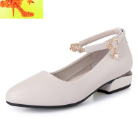 单鞋2020新款春秋中跟粗跟中老年妈妈皮女式一字扣软底跳舞皮鞋 简畅休闲鞋