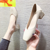 单鞋女ins潮奶奶鞋2020新款方头粗跟软皮女鞋百搭黑色中跟晚晚鞋 简畅休闲鞋