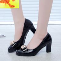 2020春秋中跟粗跟女鞋百搭圆头OL职业高跟单鞋蝴蝶结水钻漆皮瓢鞋 简畅休闲鞋