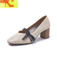 单鞋女2020春款高跟鞋粗跟仙女风百搭中跟女鞋新款秋季浅口奶奶鞋 简畅休闲鞋