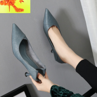 小跟高跟鞋女蓝色中跟百搭细跟女鞋2020春季新款尖头软皮工作单鞋 简畅休闲鞋