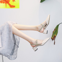 搭配裙子的凉鞋女2020年新款夏季中粗跟半包头后空高跟温柔仙女鞋  简畅