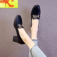 英伦风小皮鞋女新款春秋鞋子复古方头高跟单鞋粗跟一脚蹬乐福鞋 简畅休闲鞋