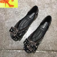 韩版2020春季新款珍珠水钻浅口方头单鞋百搭平底气质网红女鞋子潮 简畅休闲鞋