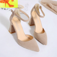 2020春季新款一字扣带尖头高跟鞋粗跟凉鞋女包头中空绒面韩版单鞋  简畅