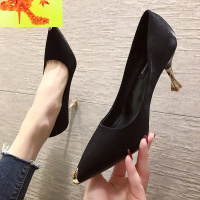 2020春秋季性感百搭少女工作单鞋网红水钻金属头尖头高跟鞋女细跟 简畅休闲鞋