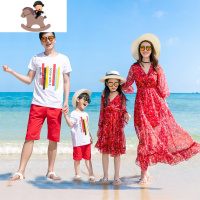 YueBin一家三口海边度假亲子装连衣裙母女装雪纺沙滩裙红色洋气长裙高端亲子装全家