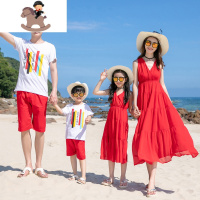 YueBin海边度假亲子装一家三口旅游沙滩裙母女装洋气雪纺长裙女童连衣裙亲子装全家