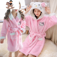 YueBin韩版小猫亲子装甜美女珊瑚绒睡袍可爱母女睡衣女童浴袍长款家居服亲子装全家