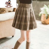 YueBin女大童短裙百褶裙子半身裙加绒秋冬装新款洋气韩版儿童毛呢格子裙裙子童