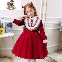 YueBin女童丝绒连衣裙秋冬季时髦洋气红色宝宝生日公主裙子儿童演出服装裙子童